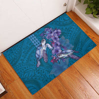 Hawaiian Turtle Love Couple Rubber Doormat - Sweet Hibiscus and Kakau Pattern Sapphire Color