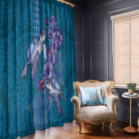 Hawaiian Turtle Love Couple Window Curtain - Sweet Hibiscus and Kakau Pattern Sapphire Color