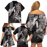 Hawaiian Turtle Love Couple Family Matching Off Shoulder Short Dress and Hawaiian Shirt - Sweet Hibiscus and Kakau Pattern Grayscale Color