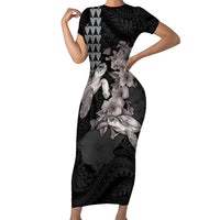 Hawaiian Turtle Love Couple Family Matching Short Sleeve Bodycon Dress and Hawaiian Shirt - Sweet Hibiscus and Kakau Pattern Grayscale Color