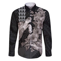 Hawaiian Turtle Love Couple Family Matching Tank Maxi Dress and Hawaiian Shirt - Sweet Hibiscus and Kakau Pattern Grayscale Color