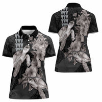 Hawaiian Turtle Love Couple Women Polo Shirt - Sweet Hibiscus and Kakau Pattern Grayscale Color