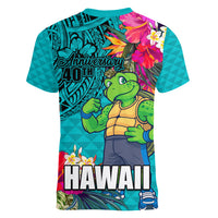 Hawaii Great Aloha Run 40th Anniversary Women V Neck T Shirt With Turtle Mascot Marathon Hibiscus and Kakau LT03 - Polynesian Pride