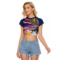 Hawaii Great Aloha Run 40th Anniversary Raglan Cropped T Shirt Hibiscus and Kakau Pattern LT03 Female Blue - Polynesian Pride