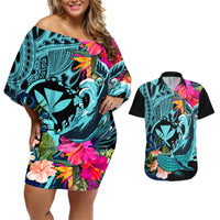 Hawaii Couples Matching Off Shoulder Short Dress and Hawaiian Shirt Whale Mix Hibiscus and Kanaka Maoli LT03 Black - Polynesian Pride