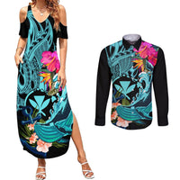 Hawaii Couples Matching Summer Maxi Dress and Long Sleeve Button Shirt Whale Mix Hibiscus and Kanaka Maoli LT03 Black - Polynesian Pride