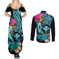 Hawaii Couples Matching Summer Maxi Dress and Long Sleeve Button Shirt Whale Mix Hibiscus and Kanaka Maoli LT03 - Polynesian Pride