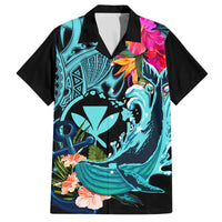 Hawaii Family Matching Off Shoulder Long Sleeve Dress and Hawaiian Shirt Whale Mix Hibiscus and Kanaka Maoli LT03 Dad's Shirt - Short Sleeve Black - Polynesian Pride