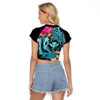 Hawaii Raglan Cropped T Shirt Whale Mix Hibiscus and Kanaka Maoli LT03 - Polynesian Pride