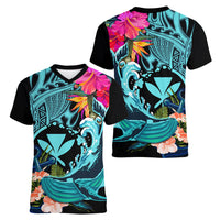 Hawaii Women V Neck T Shirt Whale Mix Hibiscus and Kanaka Maoli LT03 - Polynesian Pride