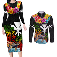 Hawaii Lei Day Couples Matching Long Sleeve Bodycon Dress and Long Sleeve Button Shirt Hibiscus Wreath and Polynesian Pattern