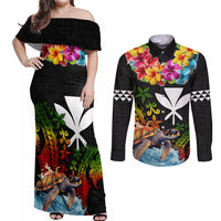 Hawaii Lei Day Couples Matching Off Shoulder Maxi Dress and Long Sleeve Button Shirt Hibiscus Wreath and Polynesian Pattern