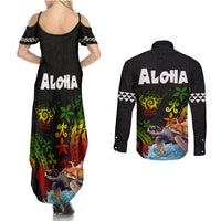 Hawaii Lei Day Couples Matching Summer Maxi Dress and Long Sleeve Button Shirt Hibiscus Wreath and Polynesian Pattern LT03 - Polynesian Pride