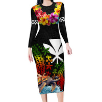 Hawaii Lei Day Family Matching Long Sleeve Bodycon Dress and Hawaiian Shirt Hibiscus Wreath and Polynesian Pattern LT03 Mom's Dress Black - Polynesian Pride