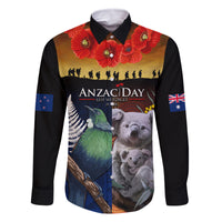 Australia and New Zealand ANZAC Day Family Matching Long Sleeve Bodycon Dress and Hawaiian Shirt Tui Bird and Koala mix Maori and Aboriginal Pattern LT03 Dad's Shirt - Long Sleeve Black - Polynesian Pride