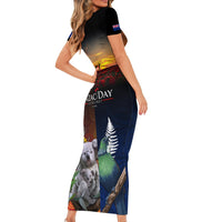 Australia and New Zealand ANZAC Day Family Matching Short Sleeve Bodycon Dress and Hawaiian Shirt Tui Bird and Koala mix Maori and Aboriginal Pattern LT03 - Polynesian Pride