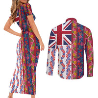 Hawaiian Lei Couples Matching Short Sleeve Bodycon Dress and Long Sleeve Button Shirt National Flag Striped Style