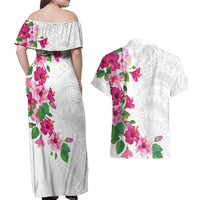 Hawaiian Hibiscus and Art Polynesian Tattoo Couples Matching Off Shoulder Maxi Dress and Hawaiian Shirt White Color LT03 - Polynesian Pride
