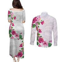 Hawaiian Hibiscus and Art Polynesian Tattoo Couples Matching Puletasi and Long Sleeve Button Shirt White Color
