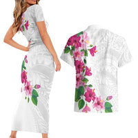Hawaiian Hibiscus and Art Polynesian Tattoo Couples Matching Short Sleeve Bodycon Dress and Hawaiian Shirt White Color