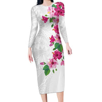 Hawaiian Hibiscus and Art Polynesian Tattoo Family Matching Long Sleeve Bodycon Dress and Hawaiian Shirt White Color LT03 Mom's Dress White - Polynesian Pride