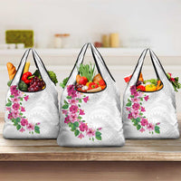 Hawaiian Hibiscus and Art Polynesian Tattoo Grocery Bag White Color
