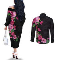 Hawaiian Hibiscus and Art Polynesian Tattoo Couples Matching Off The Shoulder Long Sleeve Dress and Long Sleeve Button Shirt Black Color