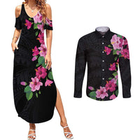 Hawaiian Hibiscus and Art Polynesian Tattoo Couples Matching Summer Maxi Dress and Long Sleeve Button Shirt Black Color