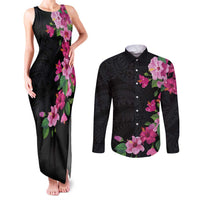 Hawaiian Hibiscus and Art Polynesian Tattoo Couples Matching Tank Maxi Dress and Long Sleeve Button Shirt Black Color