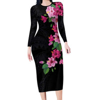 Hawaiian Hibiscus and Art Polynesian Tattoo Family Matching Long Sleeve Bodycon Dress and Hawaiian Shirt Black Color LT03 Mom's Dress Black - Polynesian Pride