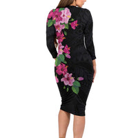 Hawaiian Hibiscus and Art Polynesian Tattoo Family Matching Long Sleeve Bodycon Dress and Hawaiian Shirt Black Color LT03 - Polynesian Pride