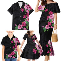 Hawaiian Hibiscus and Art Polynesian Tattoo Family Matching Mermaid Dress and Hawaiian Shirt Black Color LT03 - Polynesian Pride