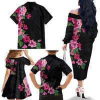 Hawaiian Hibiscus and Art Polynesian Tattoo Family Matching Off The Shoulder Long Sleeve Dress and Hawaiian Shirt Black Color