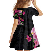Hawaiian Hibiscus and Art Polynesian Tattoo Family Matching Off Shoulder Short Dress and Hawaiian Shirt Black Color