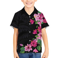 Hawaiian Hibiscus and Art Polynesian Tattoo Family Matching Off Shoulder Short Dress and Hawaiian Shirt Black Color