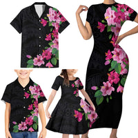 Hawaiian Hibiscus and Art Polynesian Tattoo Family Matching Short Sleeve Bodycon Dress and Hawaiian Shirt Black Color LT03 - Polynesian Pride