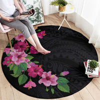 Hawaiian Hibiscus and Art Polynesian Tattoo Round Carpet Black Color