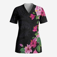 Hawaiian Hibiscus and Art Polynesian Tattoo Scrub Top Black Color - Polynesian Pride