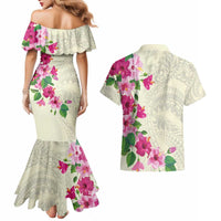 Hawaiian Hibiscus and Art Polynesian Tattoo Couples Matching Mermaid Dress and Hawaiian Shirt Beige Color
