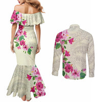 Hawaiian Hibiscus and Art Polynesian Tattoo Couples Matching Mermaid Dress and Long Sleeve Button Shirt Beige Color