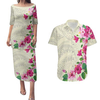 Hawaiian Hibiscus and Art Polynesian Tattoo Couples Matching Puletasi and Hawaiian Shirt Beige Color
