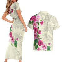 Hawaiian Hibiscus and Art Polynesian Tattoo Couples Matching Short Sleeve Bodycon Dress and Hawaiian Shirt Beige Color