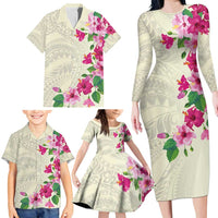 Hawaiian Hibiscus and Art Polynesian Tattoo Family Matching Long Sleeve Bodycon Dress and Hawaiian Shirt Beige Color LT03 - Polynesian Pride