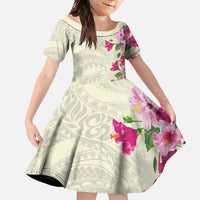 Hawaiian Hibiscus and Art Polynesian Tattoo Family Matching Mermaid Dress and Hawaiian Shirt Beige Color LT03 Daughter's Dress Beige - Polynesian Pride
