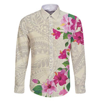 Hawaiian Hibiscus and Art Polynesian Tattoo Family Matching Off Shoulder Short Dress and Hawaiian Shirt Beige Color