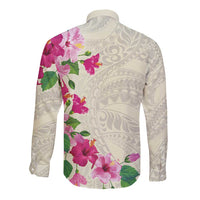 Hawaiian Hibiscus and Art Polynesian Tattoo Long Sleeve Button Shirt Beige Color