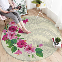 Hawaiian Hibiscus and Art Polynesian Tattoo Round Carpet Beige Color