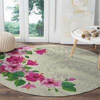 Hawaiian Hibiscus and Art Polynesian Tattoo Round Carpet Beige Color