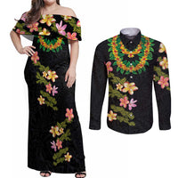 Hawaiian Lei Plumeria and Tropical Leaves Couples Matching Off Shoulder Maxi Dress and Long Sleeve Button Shirt Watercolor Style