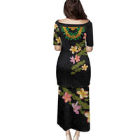 Hawaiian Lei Plumeria and Tropical Leaves Family Matching Puletasi and Hawaiian Shirt Watercolor Style